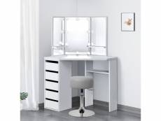 Ml-design coiffeuse table de maquillage blanc 110x141,5x54 cm avec 3 miroirs lumineaux et tabouret gris clair, guirlandes led, 5 tiroirs, 3 compartime