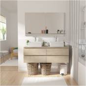 Mob-in - Meuble double vasque 120cm avec plan bois sorrento chêne+vasque+robinet+miroir - Décor chêne