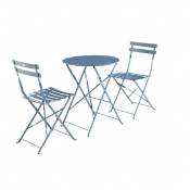 Salon de jardin bistrot pliable - Emilia rond bleu grisé - Table Ø60cm avec deux chaises pliantes. acier thermolaqué - Bleu grisé