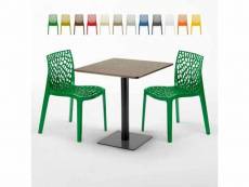 Table carrée 70x70 plateau effet bois avec 2 chaises