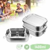 2x 1400ml Boîte à lunch boîte à lunch en métal boîte à lunch thermo-conteneur en acier inoxydable sans bpa - argent - Hengda