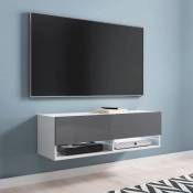 Meuble TV suspendu 1 porte 2 niches blanc et gris ROMANE - 100 cm