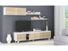 Mur équipé pour salon, meuble tv de salon avec étagères et élément mural, chêne et blanc brillant, dimensions 200 x 41 x 50 cm 8052773520317