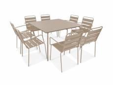 Table de jardin carrée et 8 fauteuils en métal, palavas