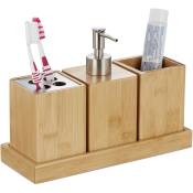 Accessoires de salle de bain, lot de 4, bambou, distributeur de savon à pompe, gobelet à brosse à dents, bol, nature - Relaxdays
