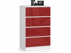 Commode akord k60 blanche 60 cm 4 tiroirs façade rouge brillante 60x40x99 cm meuble de rangement commode de chambre pour le salon couloir bureau dress