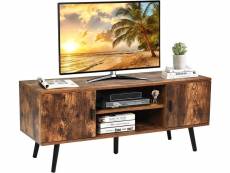 Costway meuble tv en bois avec 2armoires et 2etageres ouvertes, meuble console tv 1pied reglable,style industriel retro,120x40x50,5cm