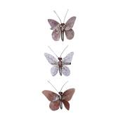 Set de 3 papillons décoratif prune et blanc irisé
