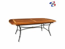 Table ovalisée 160 cm, 2 rallonges intégrées, plateau merisier et pieds fer forgé MEL-5701P1MD160