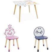 Table pour enfant avec pot à crayon + 2 chaises Madame Princesse + 2 chaises Monsieur Heureux - Blanc