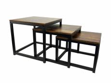 Indusa - lot de 3 tables basses gigognes. Style industriel vintage, marron et métal