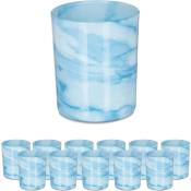 Relaxdays - Lot de 12 photophores en verre pour bougies chauffe-plat, design simple, h x d : 8,5 x 7 cm, bleu/crème