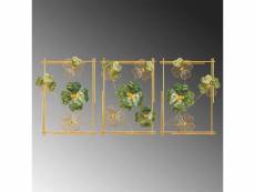 Set de 3 cadres décoratifs muraux charm feuilles de trèfle l50xh70cm métal or et vert