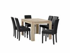 Table à manger chêne brilliant avec 6 chaises noir cuir-synthétique rembourré 140x90 cm helloshop26 03_0004051