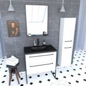 Aurlane - Meuble de salle de bain 80x50 cm - 2 tiroirs blanc - vasque resine noir effet pierre + colonne