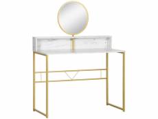 Coiffeuse design art déco - miroir pivotant intégré - étagère - acier doré panneaux particules aspect marbre blanc