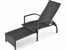 Costway chaise longue de terrasse en rotin, fauteuil relax de jardin avec pouf rétractable, bain de soleil avec dossier réglable à 5 niveaux, transat