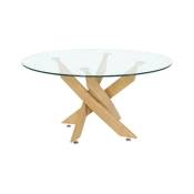Fanmuebles - Table basse ronde, verre trempé Delia, pieds couleur bois 80 cm (diamètre) x 40 cm (hauteur)