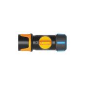 Fiskars - Raccord de Tuyau, avec valve on/off, Points de contact SoftGrip, Taille universelle, ø 1,3-1,5 cm (1/2-5/8''), 65 g, Noir/Orange/Bleu,