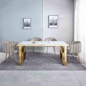 Ilyana - Table à manger rectangulaire effet marbre blanc et pieds dorés - Blanc