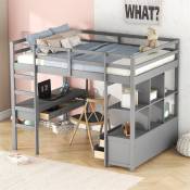 Lit mezzanine pour enfant - lit surélevé avec tiroirs de rangement, bureau et bibliothèque de rangement sous le lit - gris 140x200cm