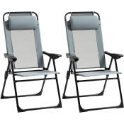 Lot de 2 chaises de jardin camping pliables - dossier inclinable 5 positions - tétière incluse - acier époxy oxford textilène gris - Gris