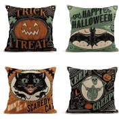 Lot de 4 housses de coussin en lin 45,7 x 45,7 cm Vintage Halloween effrayant chats citrouilles squelettes Home Decor taie d'oreiller carrée housses
