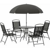Outsunny - Ensemble salon de jardin 6 pcs - table ronde + 4 chaises pliables + parasol - acier époxy café textilène polyester noir - Noir