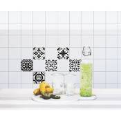 Sticker carrelage adhésif lessivable x4, 15x15cm, 4 carreaux graphiques noir et blanc, décor classique pour salle de bain, cuisine, etc. - Noir