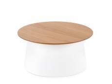 Table basse ronde blanche avec plateau plaqué bois