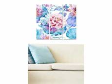 Triptyque fabulosus l70xh50cm motif aquarelle fleurs épanouies rose et bleu