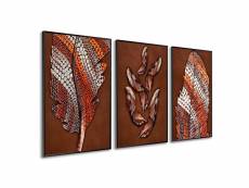 Dekoarte - tableaux avec cadre | triptyques décoratifs salon chambre | texture en gel acrylique appliquée à la main | plumes | 150x70cm