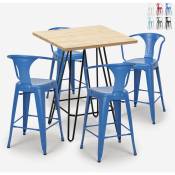 Ensemble 4 tabourets Lix table bois 60x60cm industriel bar cuisine mason Couleur: Bleu