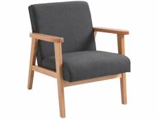 Fauteuil lounge style néo-rétro assise dossier ergonomique accoudoirs structure bois hévéa revêtement lin gris foncé