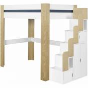 Lit mezzanine avec escalier et bureau Alex Blanc et bois 90x190 cm - Blanc et bois