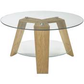 Pegane - Table basse ronde en verre clair et chêne massif - L.75 x H.40 x P.75 cm