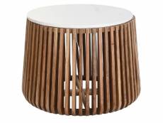 Table basse ronde en marbre blanc et bois de manguier - diamètre 85 x hauteur 45 cm