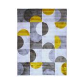 Tapis motifs arcs de cercle et carrés gris, jaune et crème 133x170
