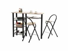 Ensemble style avec table haute de bar mange-debout comptoir et 2 chaises/tabourets, en mdf chêne sonoma et structure en métal noir