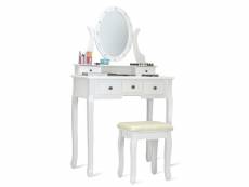 Giantex coiffeuse table de maquillage avec miroirovale led rotative en bois avec 5 tiroirs avec tabouret 80 x 40 x 142cm blanc