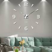 Horloge murale 3D à poser soi-même sans cadre xxl Miroir muet autocollant Décoration maison bureau (garantie 2 ans) (Silver-73) - Groofoo