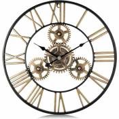 Horloge Murale Engrenages Or Geante Métal Industrielle 50cm Pendule Murale Quartz Chiffres Romains Silencieuse pour Salon Bar Restaurant