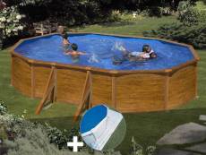 Kit piscine acier aspect bois gré sicilia ovale 5,27 x 3,27 x 1,22 m + tapis de sol