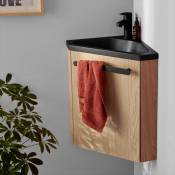 Mob-in - Meuble lave-mains skino décor chêne avec vasque noire + robinet noir - Décor chêne