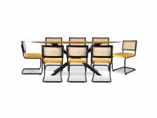 Pack table à manger en bois design industriel (220cm) & 8 chaises de salle à manger en rotin tapissées de velours - puila moutarde