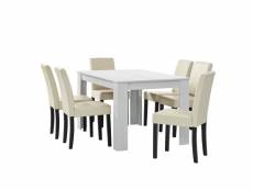 Table à manger blanc mat avec 6 chaises crème cuir-synthétique