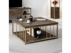 Table basse carrée olliana 90x90cm bois foncé et métal or