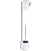 Wenko - Combiné wc 2en1 Adrada, Brosse wc noire silicone et dérouleur papier toilette sur pied, céramique effet marbre, 13x72x9,5 cm, blanc