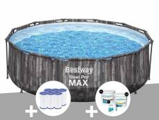 Kit piscine tubulaire ronde bestway steel pro max décor bois 3,66 x 1,00 m + 6 cartouches de filtration + kit de traitement au chlore