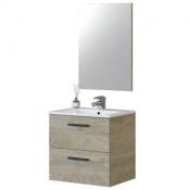 Meuble sous vasque de salle de bain Suspendu 60 cm avec 2 tiroirs + Miroir - Hauteur 57 x Longueur 60 x Profondeur 45 cm